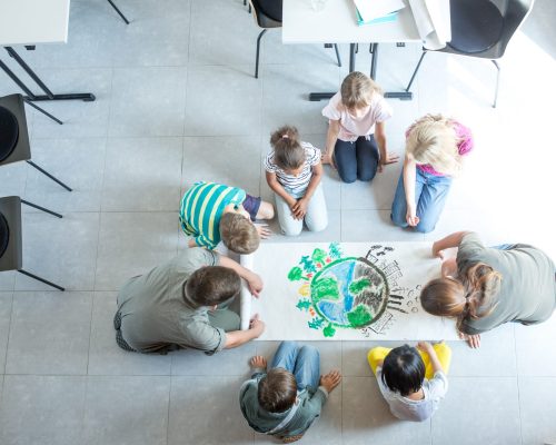 Multiethnic group of kids at school or summer camp.